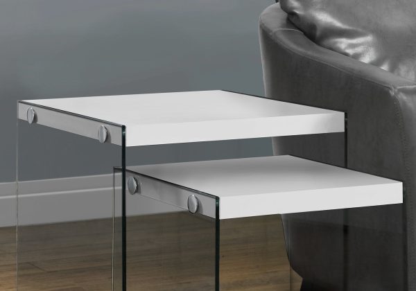 35.5  Glossy White Particle Board and Clear Glass Two Pieces Nesting Table Set By Homeroots Online now - Image 3