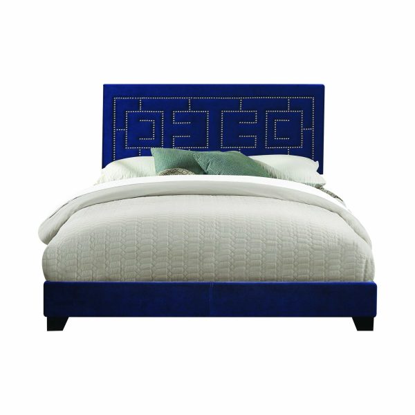 Dark Blue Velvet Upholstered Bed Wood Leg Eastern King Bed By Homeroots Sale - Image 2
