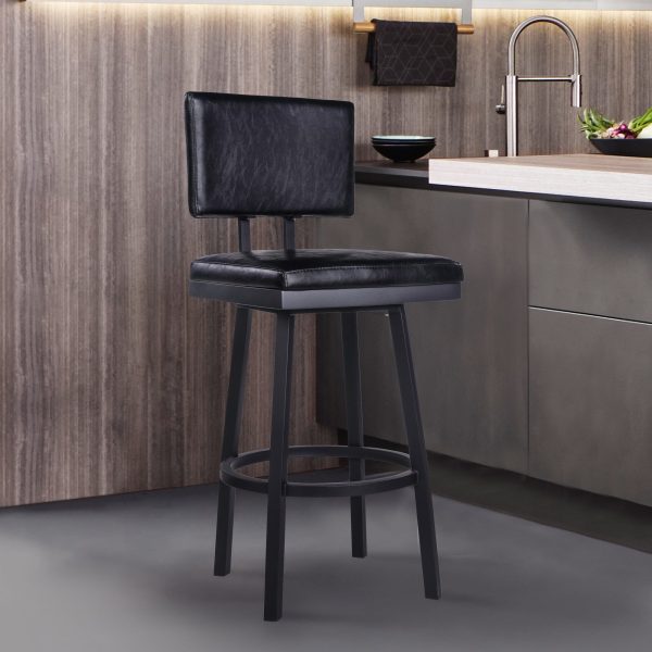 30  Vintage Black on Black Faux Leather Rectangular Swivel Armless Bar Stool By Homeroots For Cheap