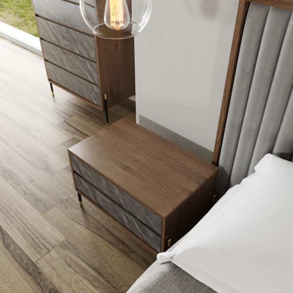 Mid Century Walnut And Gray Faux Marble Two Drawer Nightstand By Homeroots For Discount - Image 3