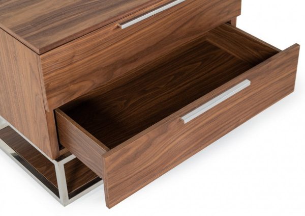 Contemporary Walnut And Stainless Steel Nightstand With Two Drawers By Homeroots Discount - Image 3
