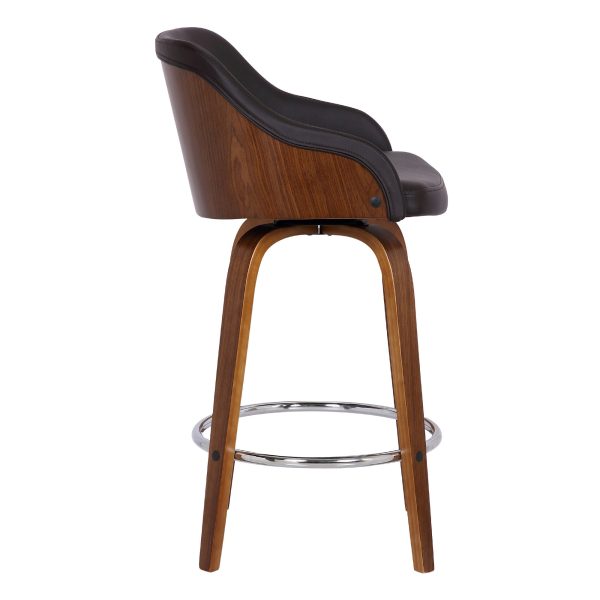 26  Brown Swivel Faux Leather Walnut Wooden Bar Stool By Homeroots Online - Image 3