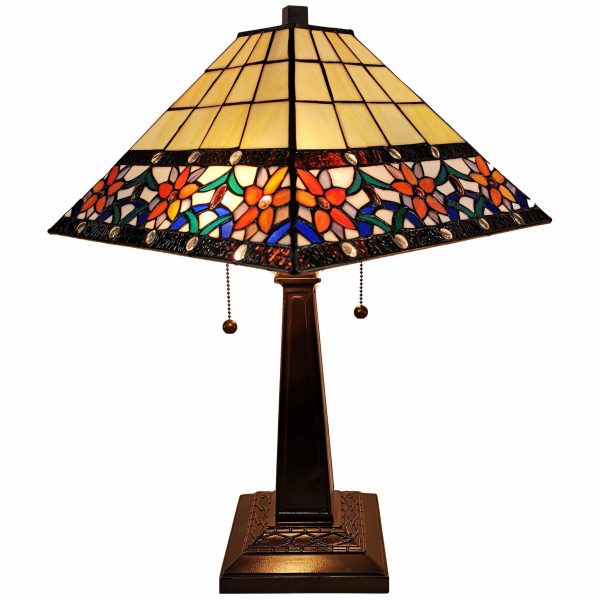 23  Stained Glass Two Light Mission Style Table Lamp with Floral Glass Shade By Homeroots Online now