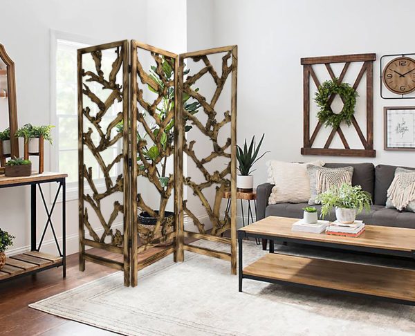 Rustic Earthy Wood Root Three Panel Room Divider Screen By Homeroots Supply